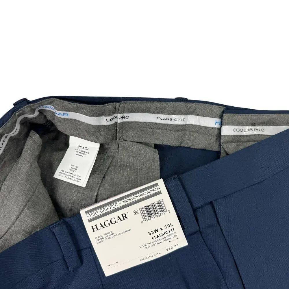 Haggar Mens Cool 18 Pro Classic Fit Flat Front Dress Pants Navy Blue 38x30